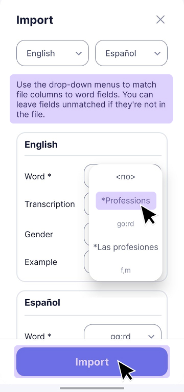 Import drop down